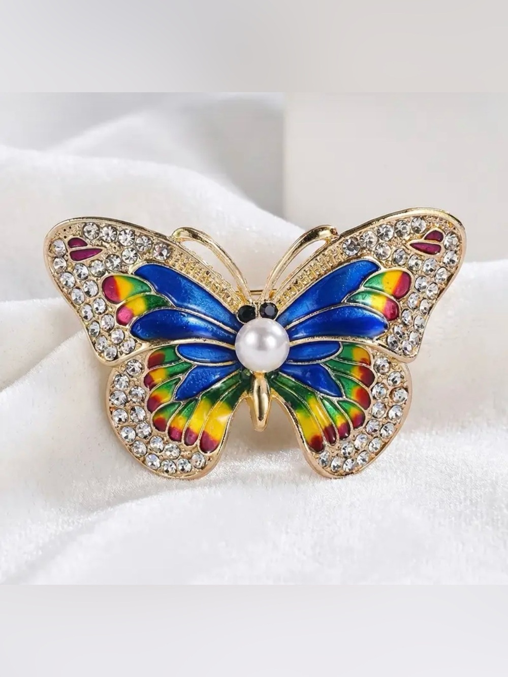 Rainbow rhinestone golden butterfly brooch